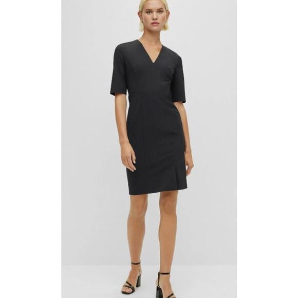 Hugo Boss Daleno Dress $409 Black Slim Fit Career Sz 6P Knee Short Length V Neck - Picture 1 of 13